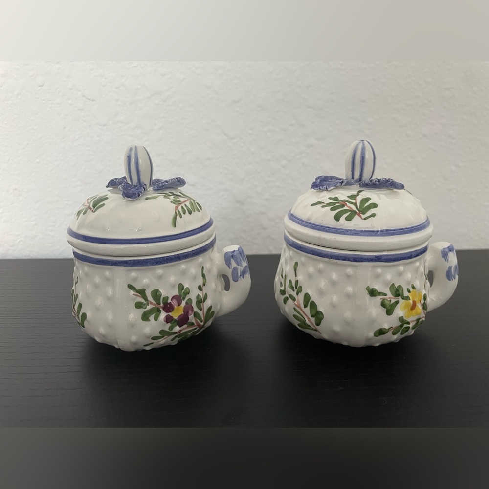 Vintage  2 Piece Italy Floral Ceramica Sugar Set White/Blue/Green/ Yellow.